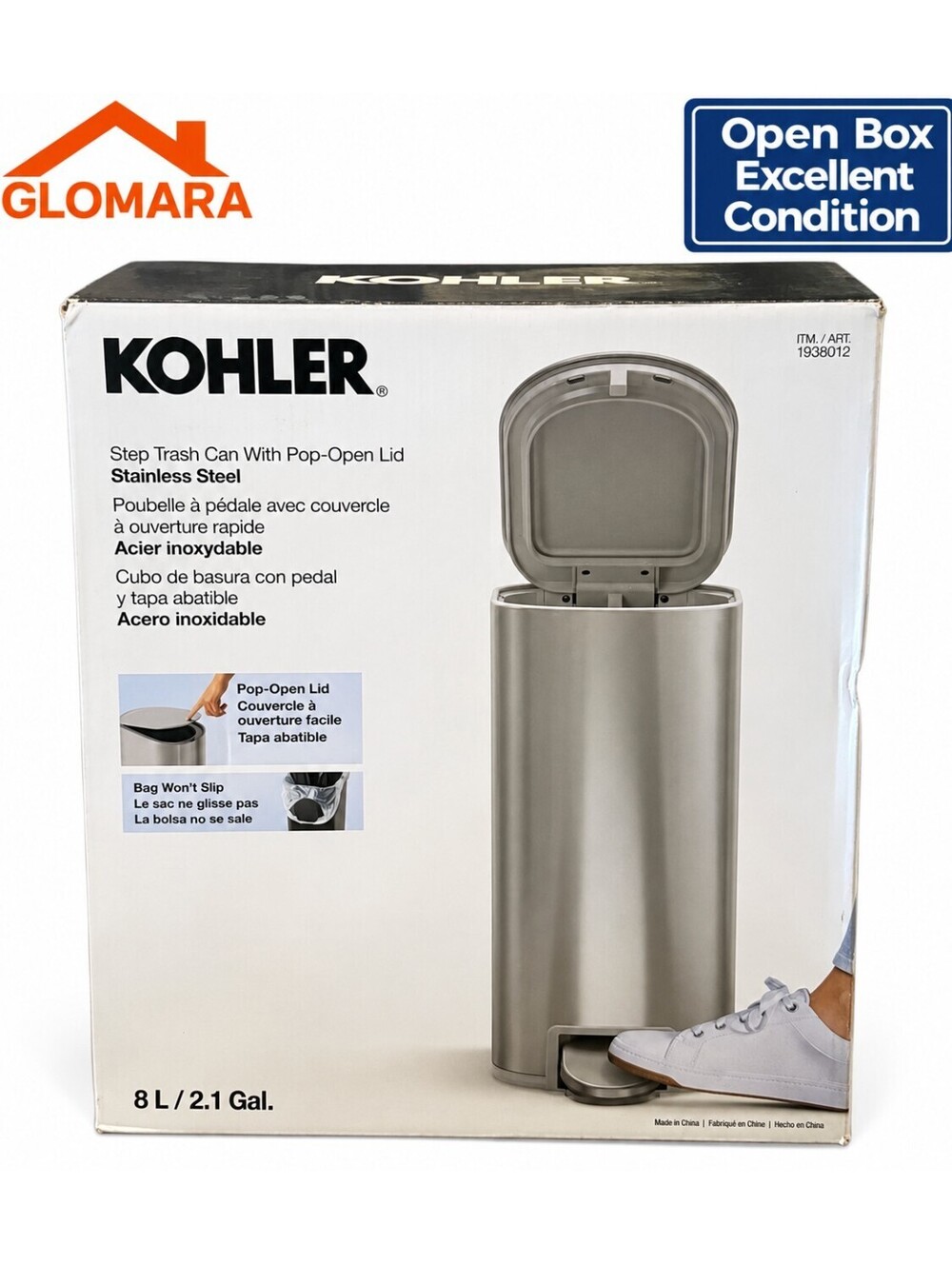 Kohler 8L Compact Step Trash Can Stainless Steel Bathroom Office Bedroom